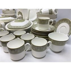 Royal Doulton Sonnet pattern part tea and dinner service, including  twelve dinner plates, twelve bowls, twelve side dishes, two covered tureens, one meat platter, coffee pot, twelve coffee cans and saucers etc (approx 90)