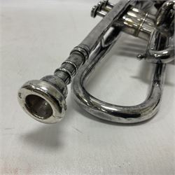 Victorian Class A silver plated trumpet retailed by Kitchen & Co,29 Queen Victoria Street Leeds, 1897 with mouthpiece/slide and in its original felt lined box
