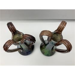 Pair of Art Nouveau style vases, probably Belgian, each with merging blue, brown and green decoration and three handles, impressed LSV beneath, H32cm