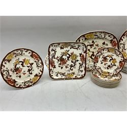 Masons Brown Velvet pattern tea and dinner wears, to include eight dinner plates, eight twin handled soup bowls and saucers, eight tea cups and saucers, cheese cover and plate, jug, meat platter etc (84)  