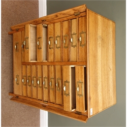   20th century Wellington style oak collectors specimen cabinet, twenty one drawers with lockable pilasters , W66cm, H93cm, D41cm    