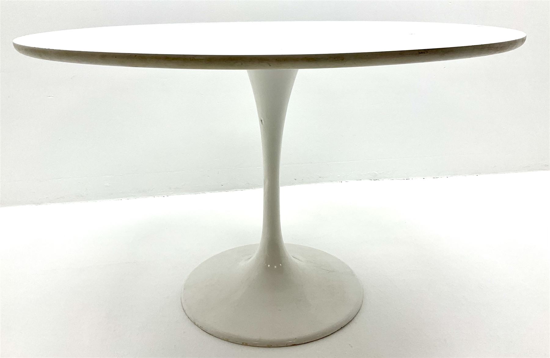 Tulip type circular white finish dining table on tapering support with