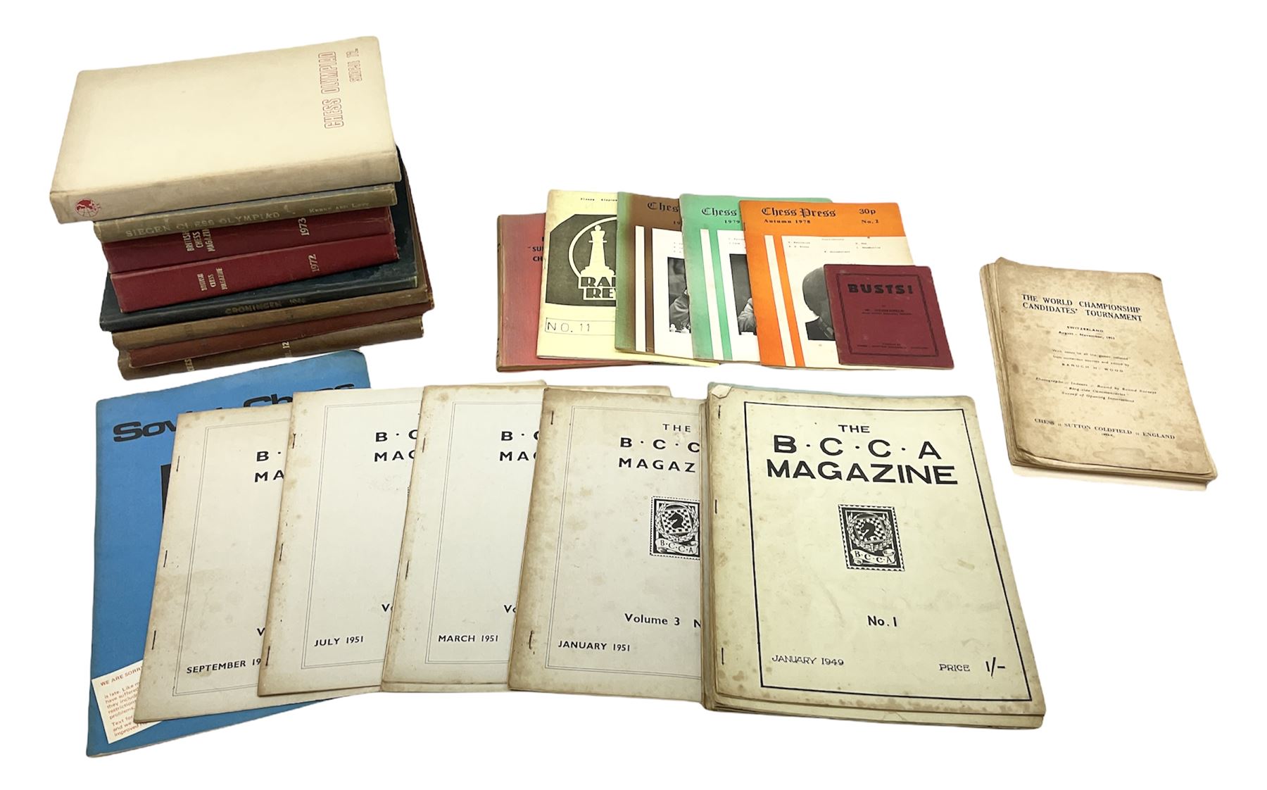 Three bound volumes of 'Chess' magazine 1946-50; fifteen issues of 'The BCCA Magazine' 1949-51; Chess Olympiad books 1970 &1972; and other books and pamphlets of chess interest