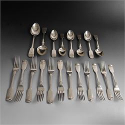 Set of Victorian silver Fiddle pattern cutlery for six place settings, comprising two tabl...