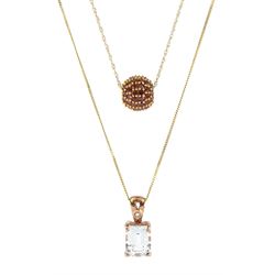  Gold aquamarine and diamond pendant necklace and a gold red diamond ball pendant necklace, both 9ct