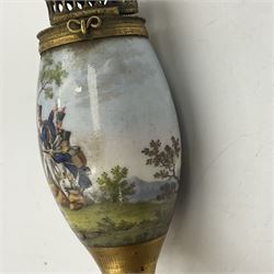 19th century Continental gilt mounted porcelain pipe bowl, finely painted with a battle scene, the hinged gilt cover pierced and embossed with a putto mask, H10.75cm