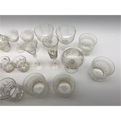 A number of Victorian tumblers and Edwardian drinking glasses, together with a large quantity of other later glassware, to include a glass table lamp base, drinking glasses of various forms, a number with cut decoration, other assorted cut glass including jug, vases, jars and covers, etc. 
