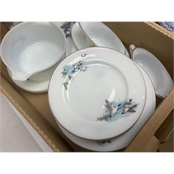 Maling Maltese pattern part dinner wares, including dinner plates, tureens, side plates etc, together with Pyrex dinner wares, decorated in flying duck pattern, Johnson Bros Indian Tree pattern tea and dinner wares and a collection of decorative and calendar plates, etc, in six boxes 