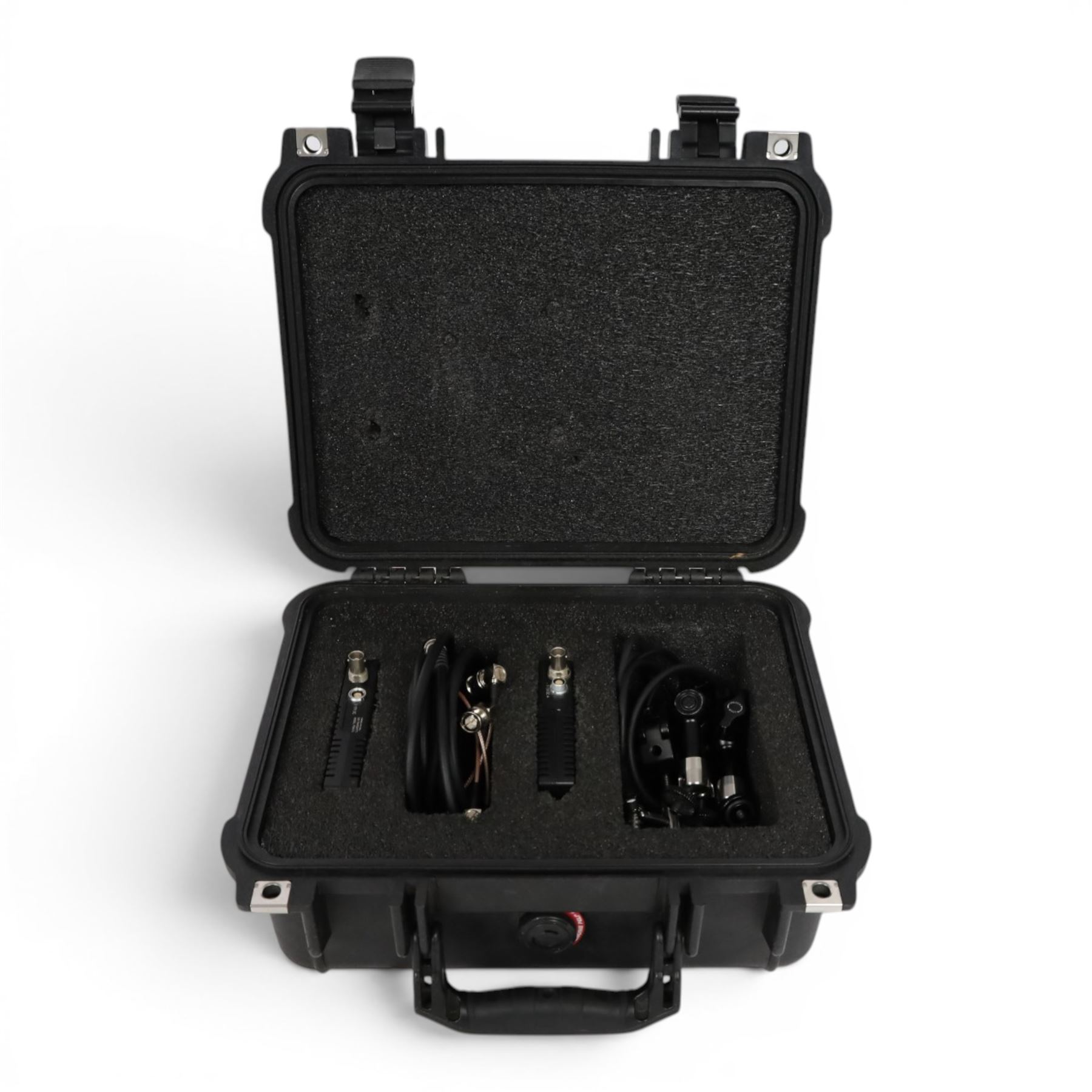 Paralinx Ace wireless transmitter and receiver set, with two SmallRig magic arms, associated cables including four D-tap to two-pin lemo cables, two short and one long SDI cables and SmallRig clamp, contained within Peli 1400 case