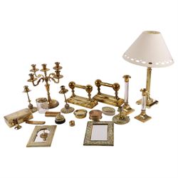 Collection of brassware, including Corinthian column table lamp, candelabra, candlesticks etc 