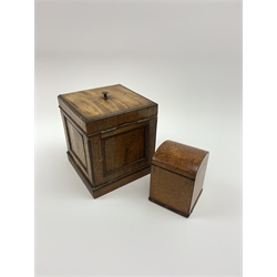 A small 19th century Amboyna tea caddy with curved hinged cover, H12.5cm, together with a Georgian mahogany tea caddy, including finial H21cm. 