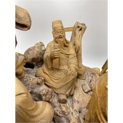 Large Chinese wood carving, depicting the eight immortals crossing the sea, H46cm, L78cm 