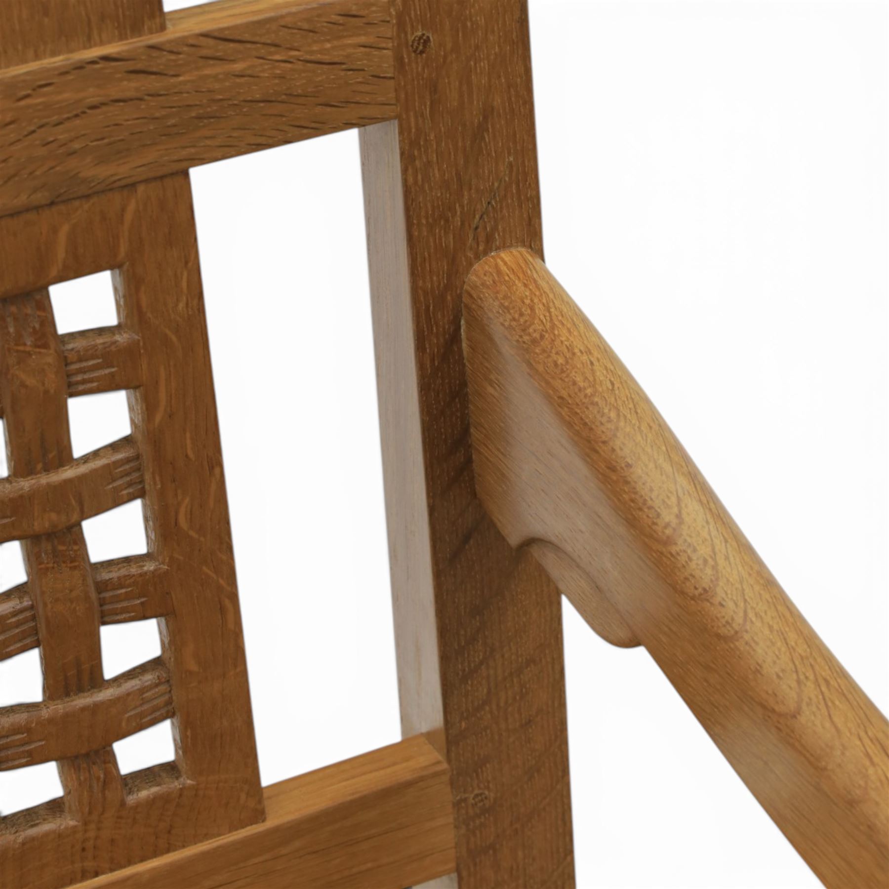 Mouseman - oak rocking chair, high lattice back, carved Mouse signature, by Robert Thompson's of Kilburn