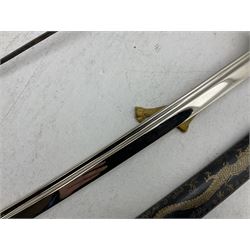Reproduction Japanese katana with 63cm slightly curving fullered steel blade, ornate tsuba, cord bound grip and gilt transferred black saya L92cm; and two fencing foils, one marked Leon Paul (3)