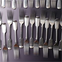 Suite of Victorian silver fiddle pattern cutlery comprising eighteen table forks, seventeen dessert spoons, fifteen dessert forks and three table spoons London 1856 Maker A B Savory & Sons