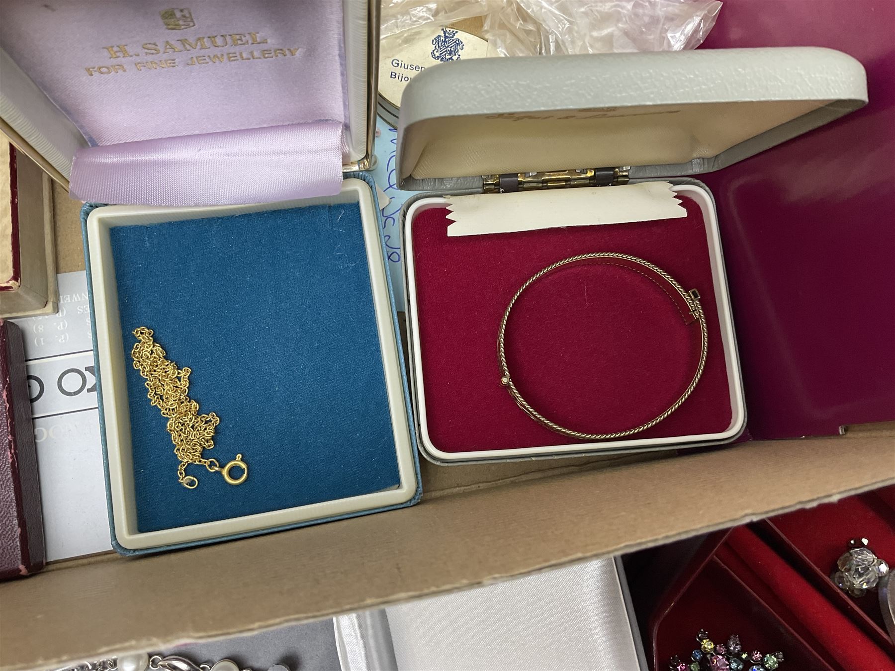 Victorian and later silver jewellery including engraved oval locket pendant, bangle, fob watch, vesta case, faux pearl necklace, butterfly wing pendant etc, a collection of costume jewellery including beaded necklaces, brooches, earrings, ladies wristwatches and a small collection of coins including two pre 1947 half crowns 