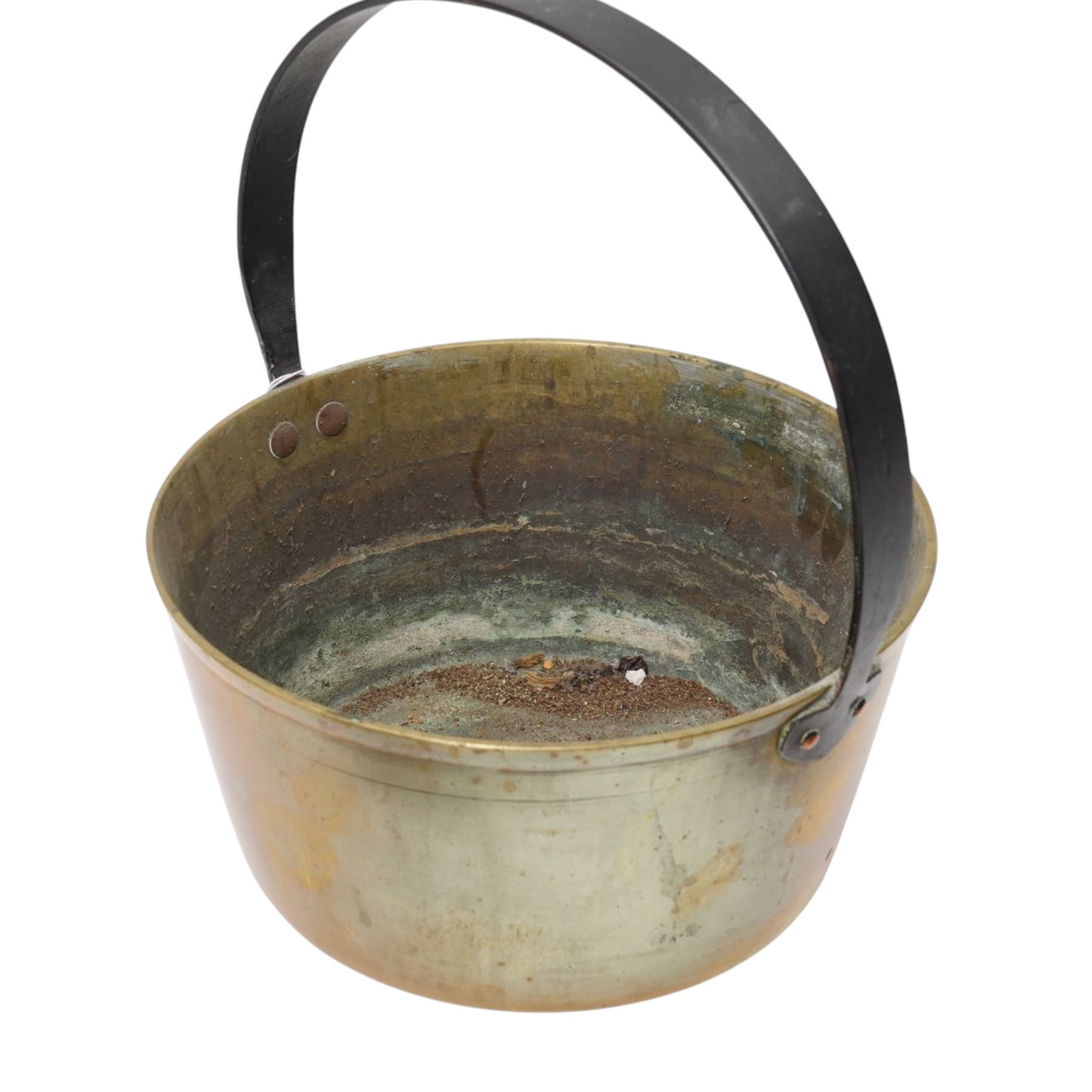 Victorian bronze weight; large padlock, jam pan, copper kettle and warming pan 