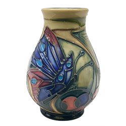 Moorcroft vase, of baluster form, decorated in the Hartgring Butterfly pattern designed by Emma Bossons, with impressed and painted marks beneath, H10cm, with maker's box. 