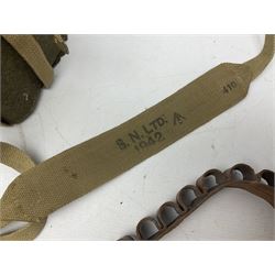 Mundial Brazil bowie knife, the 15.5cm steel blade inscribed 'Sheriff Knife', with banded and aluminium hilt; in leather sheath L29cm overall; British Army felt covered metal water bottle with webbing strap; leather 12-bore cartridge belt; and small pair of non-military binoculars in part case (4)