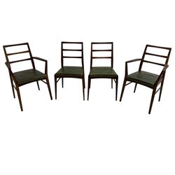 Richard Hornby for Fyne Ladye - set of six (4+2) mid-20th century dining chairs, ladder back over green faux leather upholstered drop-in seat, on tapering supports