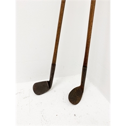 Golf - 19th century rut or track type iron with head indistinctly marked NIBLICK, hickory shaft marked Walter Hunter Golf Club Sutton Coldfield and suede leather grip, L96cm, together with another similar unmarked rut/track iron, (2)