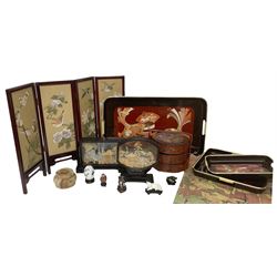 Collection of oriental items to include, cloisonne frog, owl and eggs, cork dioramas in ebonized cases, together with a lacquered bento box, small screen,set of trays etc  