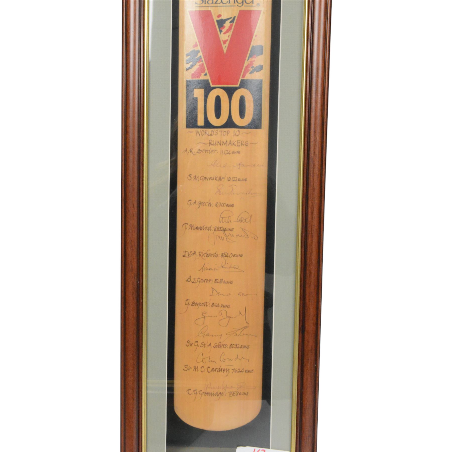 Two signed Slazenger V 100 cricket bats, the first example signed by the 'World's Top 10 Run Makers', with signatures including Graham Gooch, David Gower, Geoffrey Boycott, Gary Sobers and Viv Richards, the second example signed by a number of England's Cricket Captains, including Alec Stewart, Ken Cranston, Bob Willis, Allan Lamb, Mike Atherton and Ian Botham etc, both within glazed wooden display cases, case H99cm