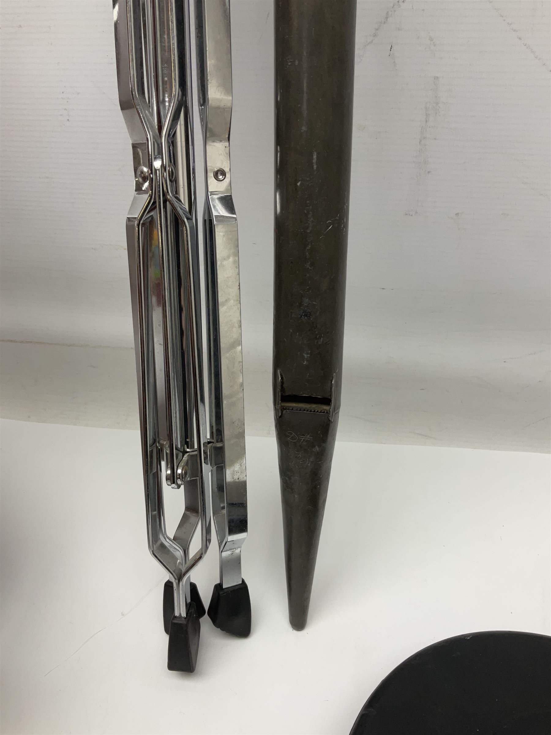 Spanish BM acoustic guitar with mahogany back and sides and spruce top L101cm; in cello carrying case; Roland foot pedal and two Yamaha foot pedals; tin D# organ pipe; folding music stand etc