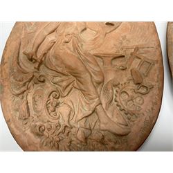 Pair of 19th century classical terracotta relief wall plaques depicting the goddess Hygeia and another goddess, seated holding an ewer, each of oval form, indistinctly signed, each stamped Ferreira verso, H42cm, W30cm