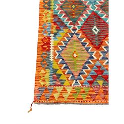 Chobi Kilim rug, multi-coloured ground in oranges, blues and greens, overall geometric design 