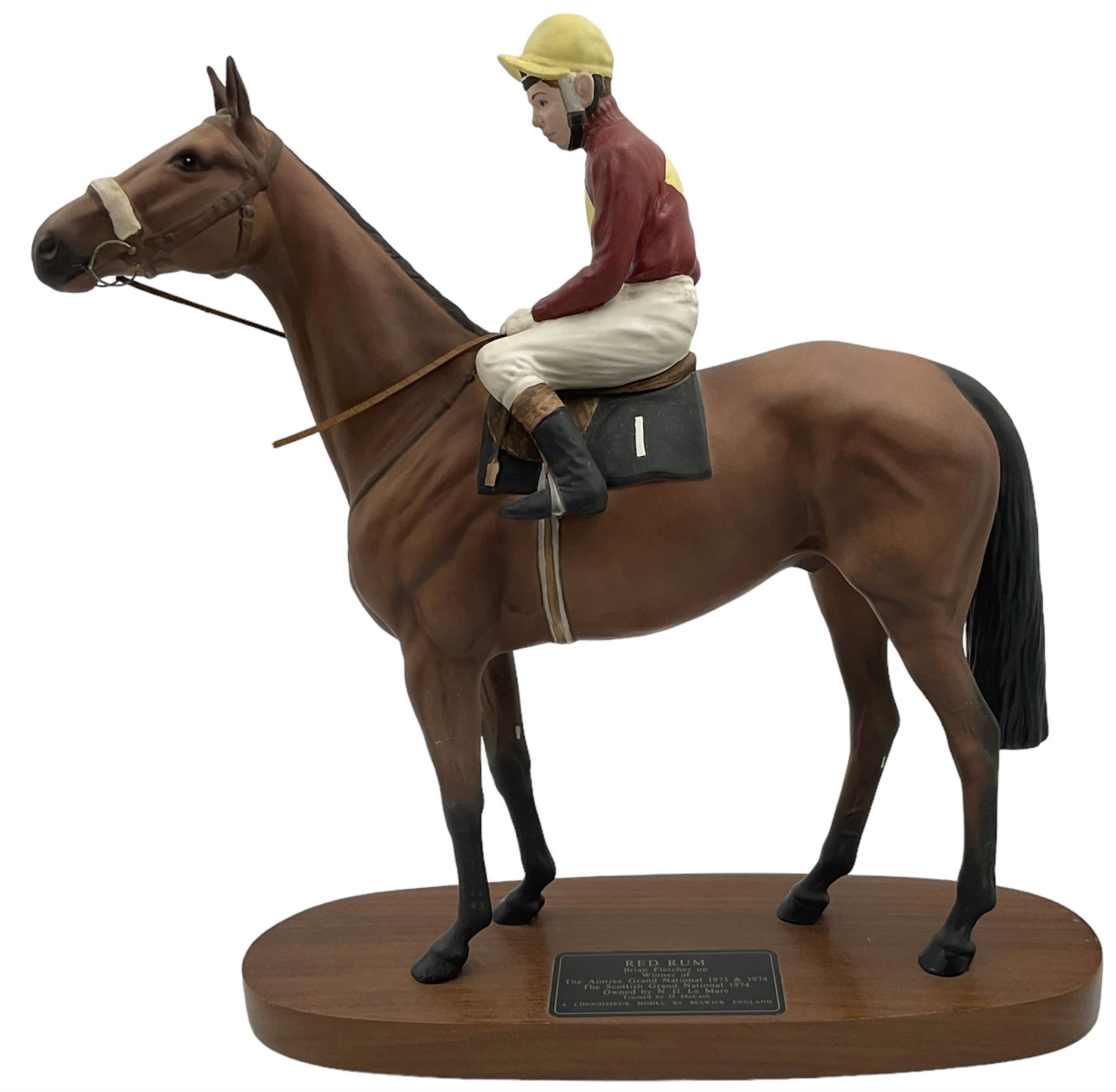 Beswick Connoisseur Red Rum with jockey Brian Fletcher up,  no.2511, upon wooden plinth base with metal plaque, H34cm