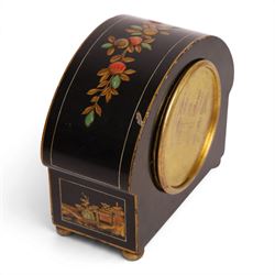 Winsor Bishop & Co - chinoiserie arched top mantel clock, circa 1930's, the dial with Roman numeral numbers, case decorated a garden upon a black ground, upon bun feet, H14cm