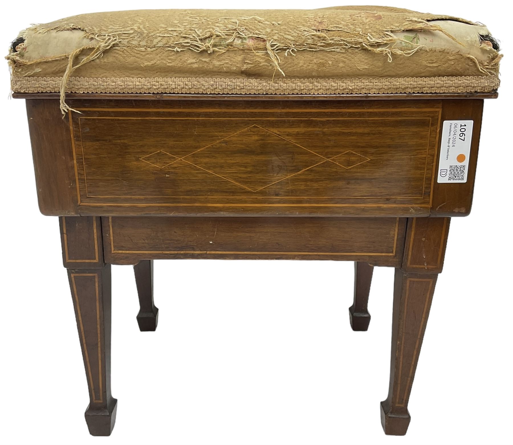 Edwardian inlaid mahogany piano stool, upholstered adjustable seat, inlaid with geometric boxwood stringing, on square tapering supports with spade feet