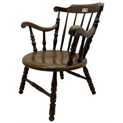 20th century stained beech armchair, stick back over penny seat, on ring turned supports