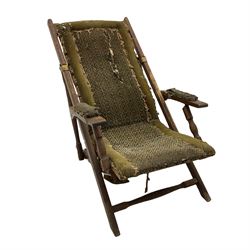 19th century oak campaign steamer or garden chair, folding staggered mechanism with brass fittings, upholstered seat, back and arms