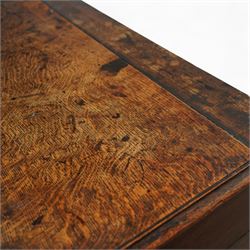 George III oak dresser base, fitted with three drawers with brass swan-neck handles, shaped apron and cabriole legs on pad feet 