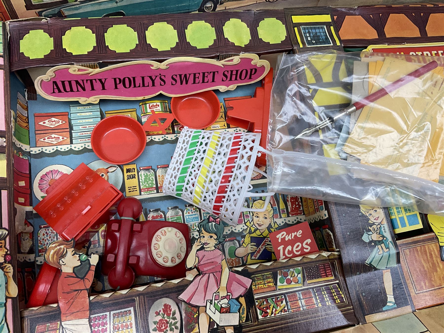 Berwick Toys High Street Shops layout with well-stocked sweet shop and post office; H.C.F. Build A Farm set; and Jukepet battery operated miniature jukebox; all boxed (3)