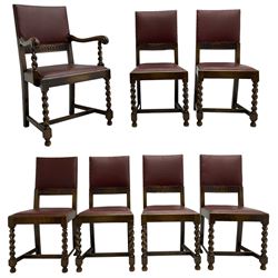 Mid-20th century set seven (6+1) oak barley twist dining chairs, upholstered back and drop in seat, on spiral turned front supports joined by H-shaped stretchers