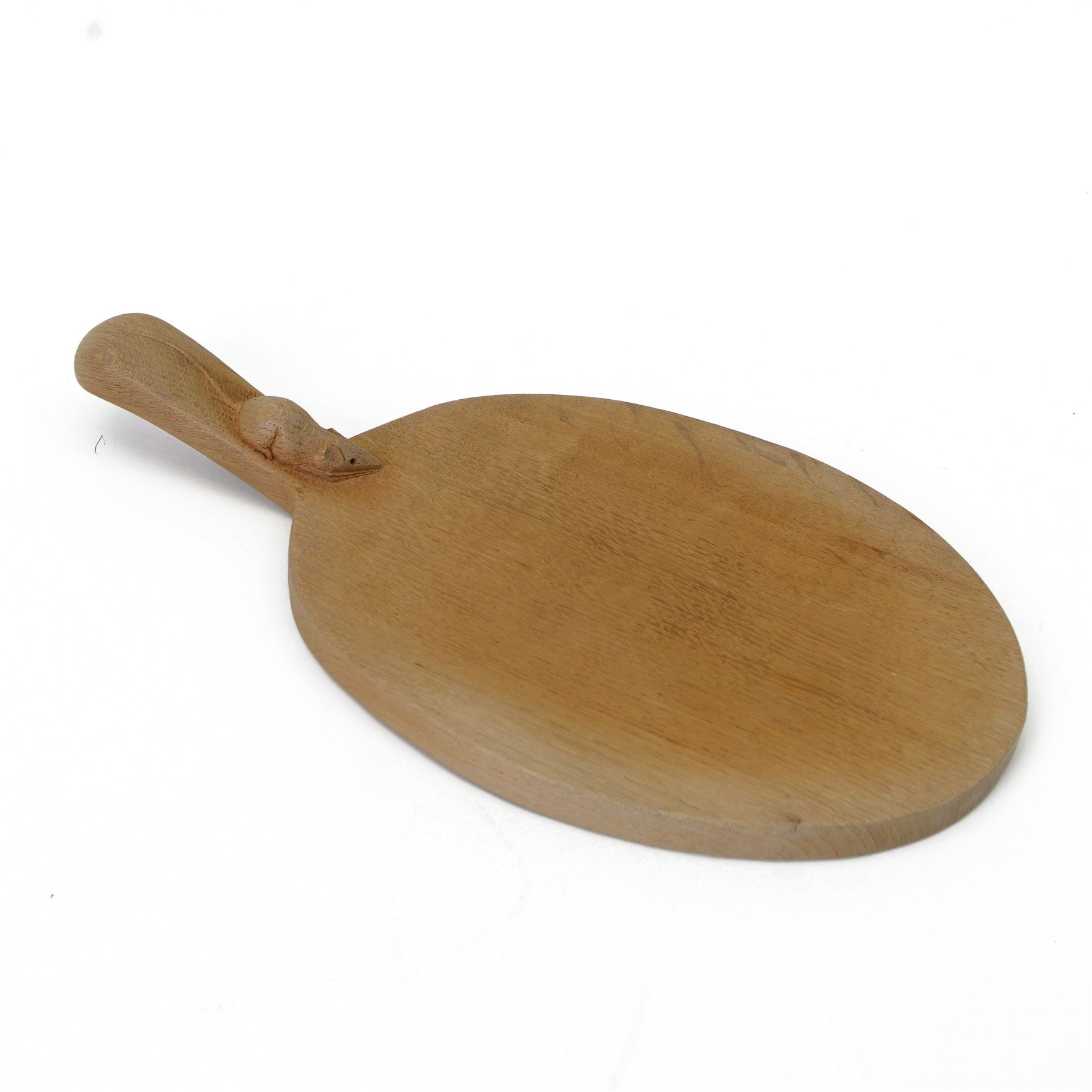 Mouseman - adzed oak cheeseboard, oval form with handle, carved with mouse signature, by the workshop of Robert Thompson, Kilburn