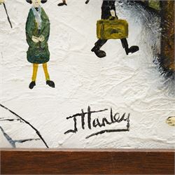 John Hanley (Northern British 1947-): 'Swinbury Town Station', oil and mixed media on board signed 30cm x 90cm