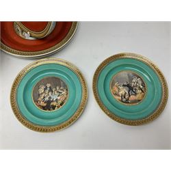 19th century Prattware table ware to include an oval footed dish decorated with a scene after Landseer 'Highland Music', retailed by James Muggleton L27.5cm, ‘The Truant’ plate after T. Webster, 'Blind Man's Buff' & 'Snap Dragon' tea plate, two side plates with malachite printed borders and others (17)
