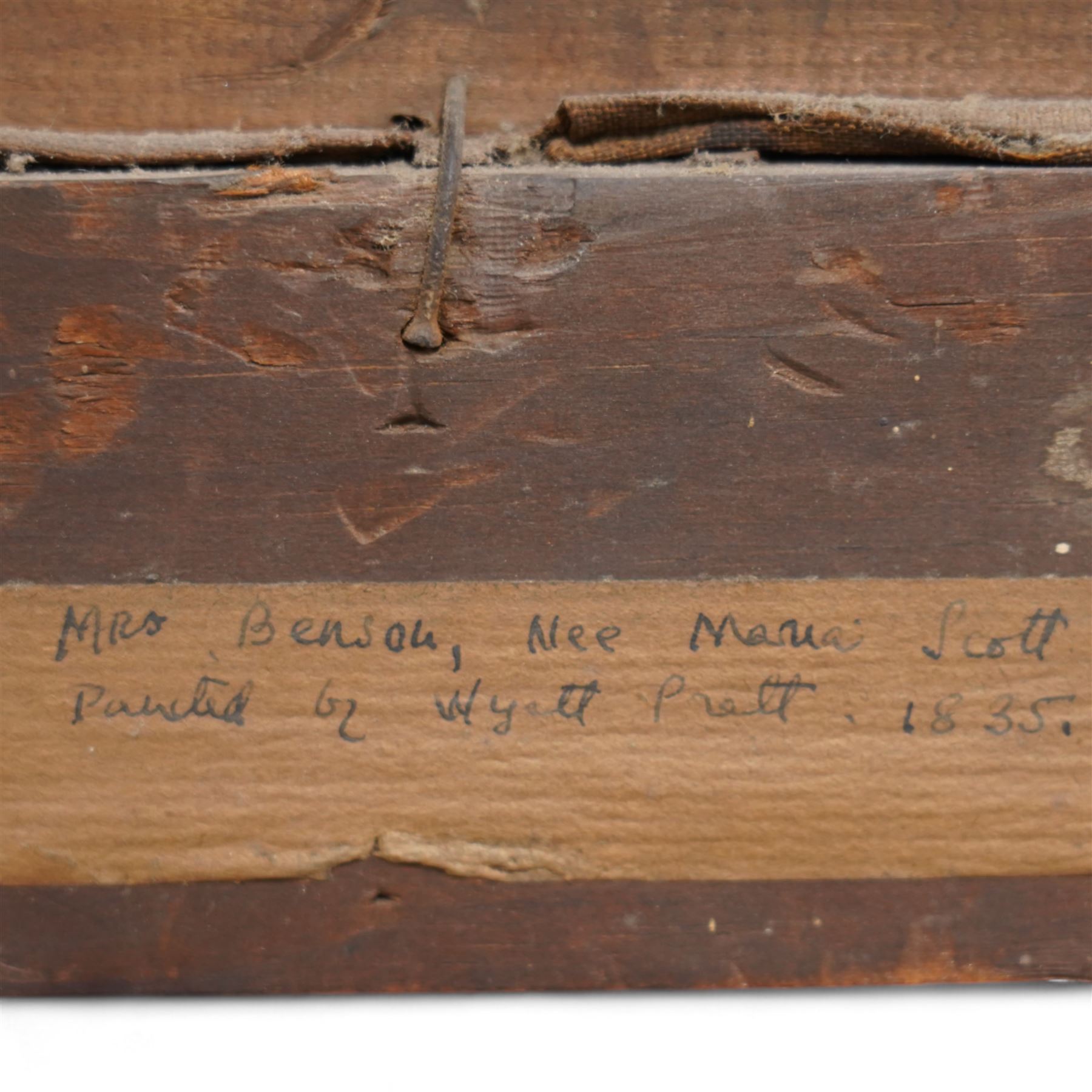 Wyatt Pratt (British early 19th century): 'Portrait of Marie Benson née Scott', Wearing a Black Gown with Lace Bonnet and Collar, oil on canvas unsigned, inscribed and dated 1835 on label verso 75cm x 62cm 
Provenance: bequeathed to Colonel Sackville Hamilton