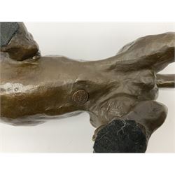 A bronze figure, modelled as a cougar in crouching pose, signed Milo and with foundry mark, L40cm