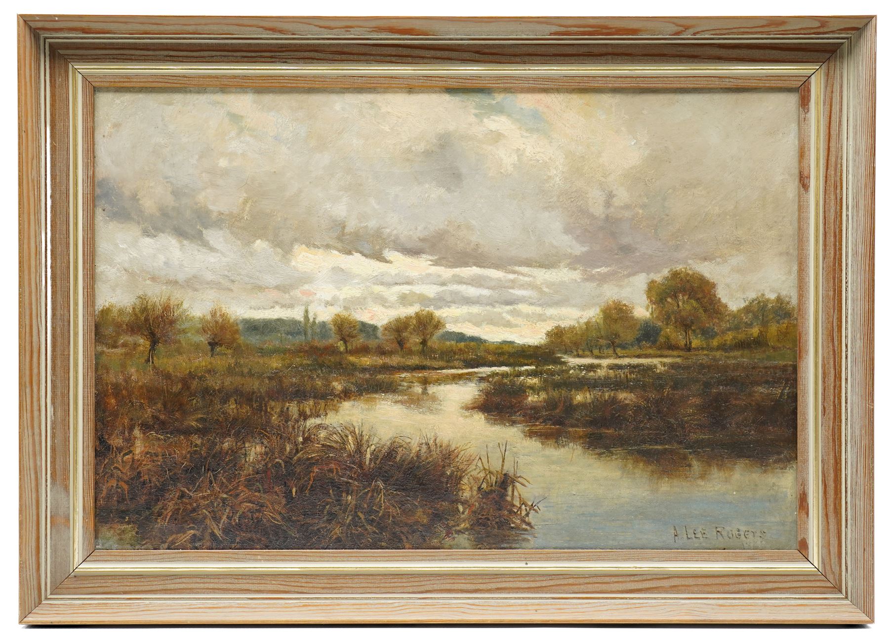 Arthur Lee Rogers (British fl. 1871-1894): Canadian River Landscape, oil on canvas signed and dated 1886, 34cm x 52cm
Notes: Rogers was born in Liverpool. His work was exhibited in and depicted Canada frequently, where he is recorded to have lived for a period of time.