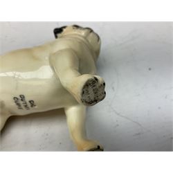 Three Beswick models comprising Hereford Bull no 949, 'CH Cutmil Cupie' Pug, and bay Shire horse, all with printed marks beneath