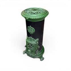 French Godin cast iron enamel stove, circular form, finished in green and black paint