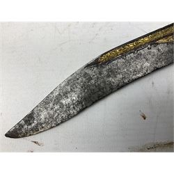 19th century Singhalese knife pia kaetta, the 20cm steel blade inset with yellow and white metal, with metal mounted carved pistol grip, in plain wooden scabbard L33cm overall