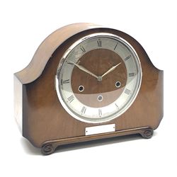 Early to mid 20th century Art Deco style walnut mantel clock by 'Smiths', circular dial with Roman chapter ring, triple train driven chiming movement, with presentation plaque inscribed 'British Railways...'