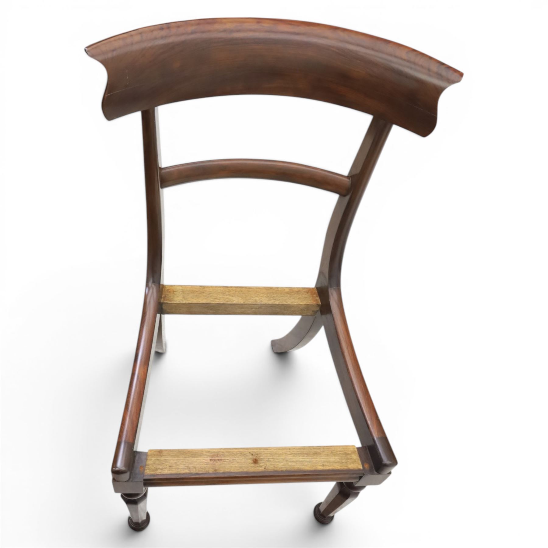 Set of eight 20th century solid rosewood dining chairs, upholstered drop in seats, on oak stretchers, made by Gott's of Pickering and T Feetam of Hull, stamped on all chairs, seat height 47cm