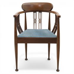 Early 20th century Hepplewhite style mahogany armchair, upholstered shaped back over pierced splat back with linked oval decoration, open arms and upholstered seat, on square tapering supports terminating in pad feet
